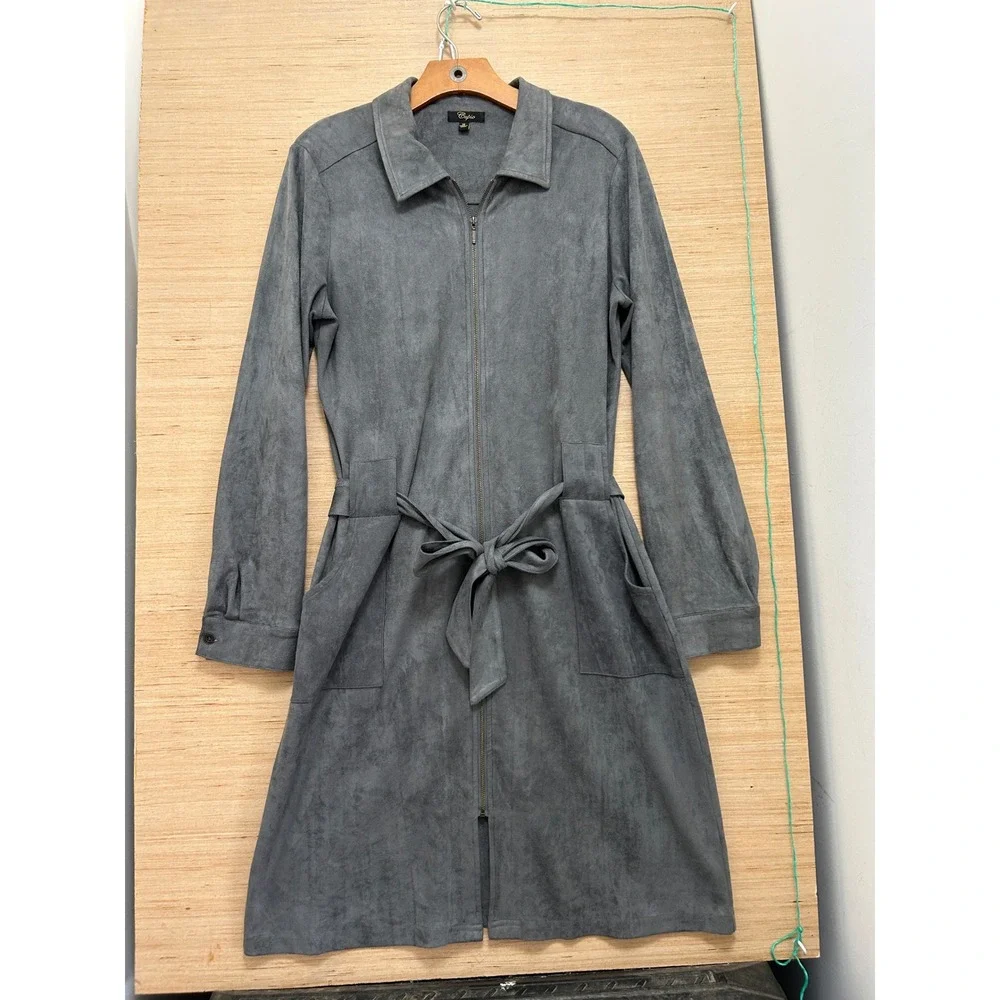 Cupio Womens Gray Faux Suede Full Zip Belted Long Sleeve Shirt Dress‎ Size 12